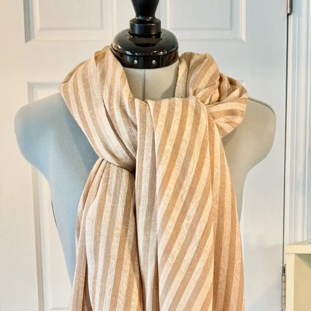 Nazakat 100% Pure Wool Beige and White Striped Shawl with Paisley Detail